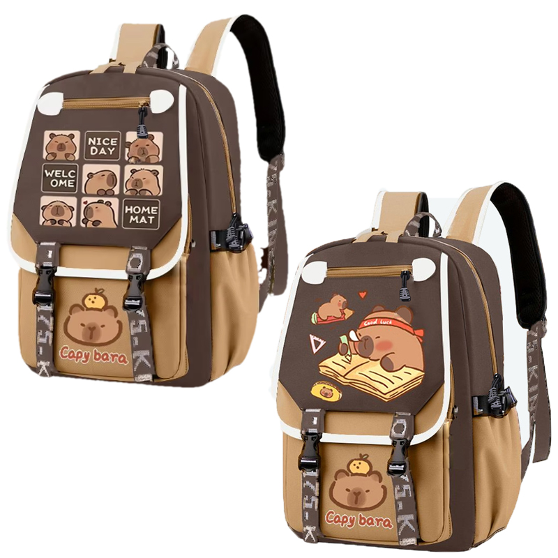 School Backpack Teen - Kawaii Capybara Stijlvolle Kaki Kid Rugzak